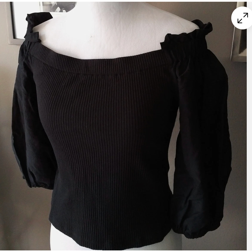 Who What Wear Top Black Off Shoulder Ribbed Bodice Puff Sleeve LARGE 3/4 Sleeve